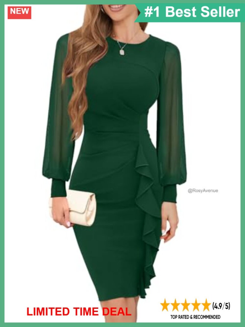 Long Sheer Sleeve Ruched Bodycon Sheath Midi Cocktail Work Dress